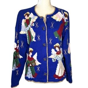 BellePointe Vintage Blue Christmas Knit Angels Sweater M
